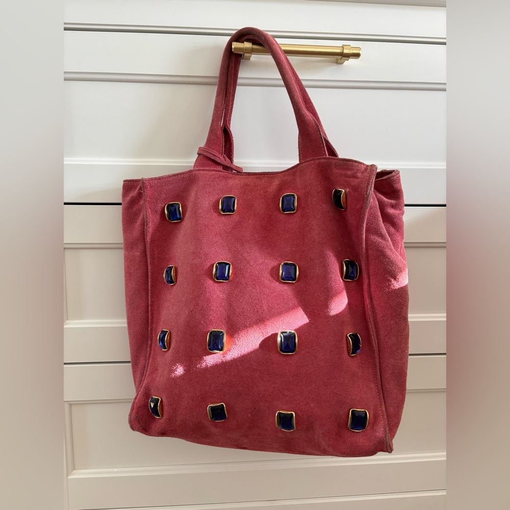 pink suede tote with blue gems made in italy